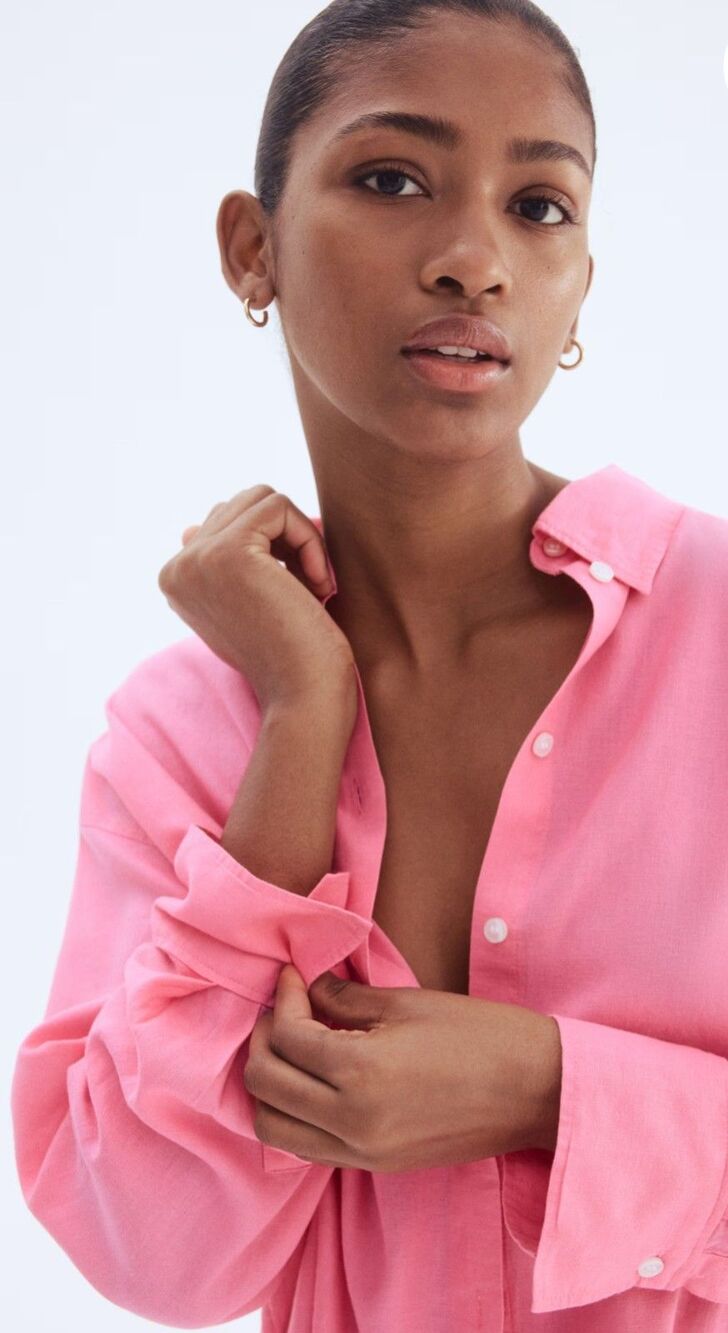 H&M HM Linen Blend Button Down Shirt XS Pink Oversized Lagenlook Beach Coverup - Picture 2 of 9